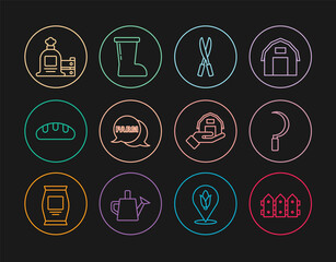 Set line Garden fence wooden, Sickle, Gardening handmade scissors, Speech bubble with Farm, Bread loaf, Full sack box, house and Waterproof rubber boot icon. Vector