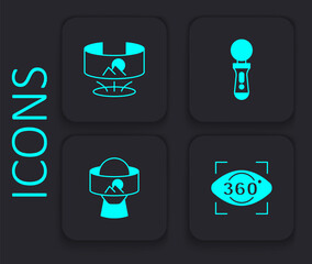 Set 360 degree view, VR controller game and Virtual reality glasses icon. Black square button. Vector