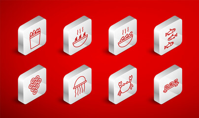 Set line Sushi on cutting board, Soup with shrimps, Fish soup, Fishes, Crab, Fishing bucket fishes, Jellyfish and Caviar icon. Vector