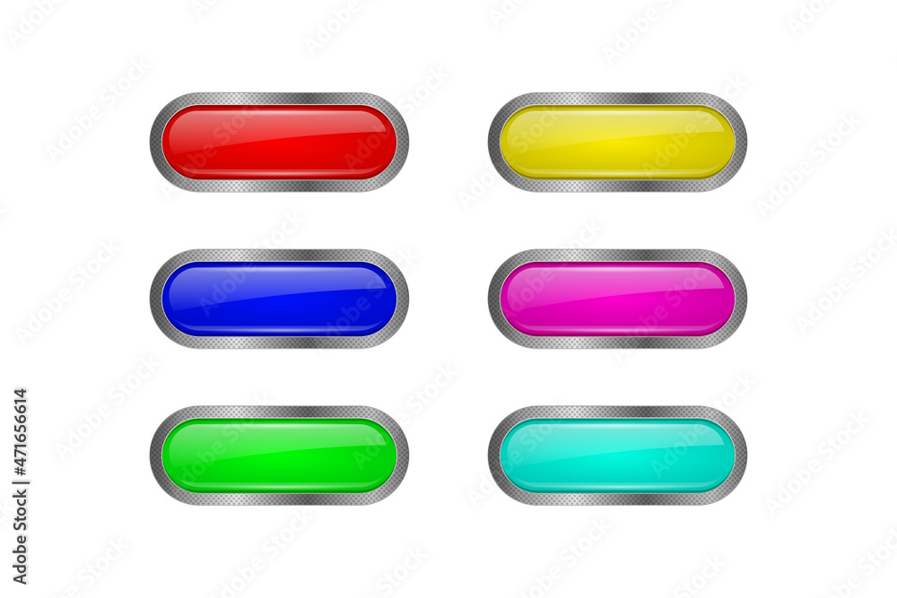 Poster set of buttons with metal frames isolated on white background