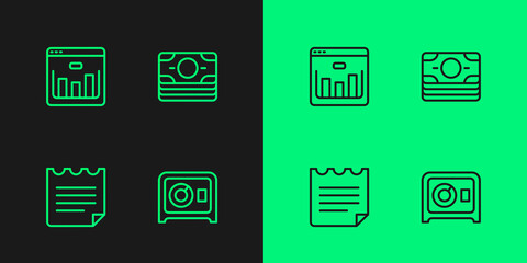 Set line Safe, Notebook, Browser with stocks market and Stacks paper money cash icon. Vector