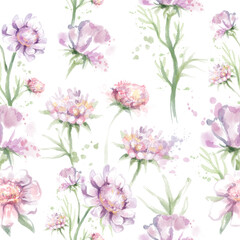 Watercolor pink flowers stylization Illustration, Isolated on white, Seamless Pattern