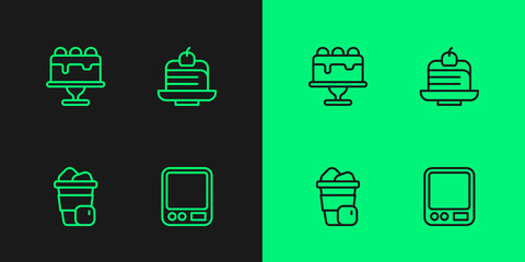 Set line Electronic coffee scales, Iced, Cake and Piece cake icon. Vector