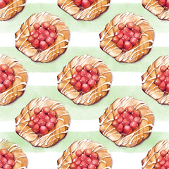 Pastry, Sweets illustration, Cakes in a watercolor style, Digital illustration, Raster, Isolated on white background, Seamless pattern