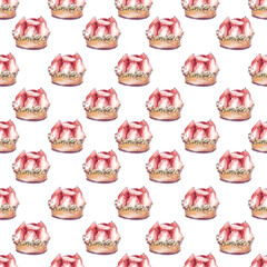Pastry, Sweets illustration, Cakes in a watercolor style, Digital illustration, Raster, Isolated on white background, Seamless pattern