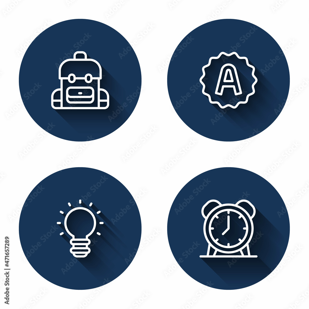 Poster set line school backpack, exam sheet with a plus grade, creative lamp light idea and alarm clock wit