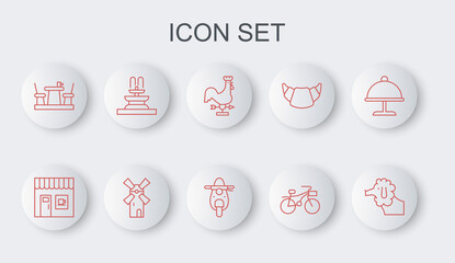 Set line Poodle dog, Coffee shop, Rooster weather vane, Bicycle, French cafe, Fountain, Windmill and Scooter icon. Vector