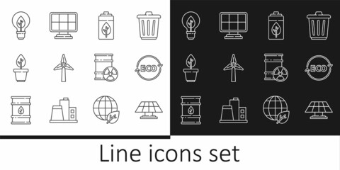 Set line Solar energy panel, Label for eco healthy food, Eco nature leaf and battery, Wind turbine, Plant pot, Light bulb with, Radioactive waste barrel and icon. Vector