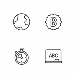 Set line Chalkboard, Stopwatch, Earth globe and Exam paper with incorrect answers icon. Vector