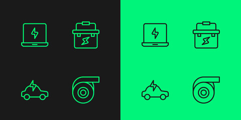 Set line Roll adhesive tape, Electric car, Laptop and Toolbox electrician icon. Vector