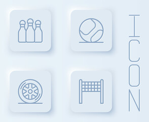 Set line Bowling pin, Baseball ball, Car wheel and Volleyball net. White square button. Vector