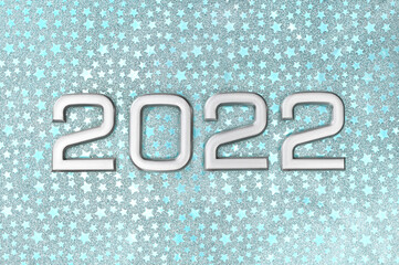 Grey numbers 2022 on cyan background with stars. Happy new year concept. Greeting and invitation...