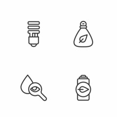 Set line Eco nature leaf battery, Drop and magnifying glass, LED light bulb and Garbage bag icon. Vector