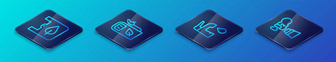 Set Isometric line Water tap, Shopping bag with recycle, CO2 emissions cloud and Petrol or gas station icon. Vector