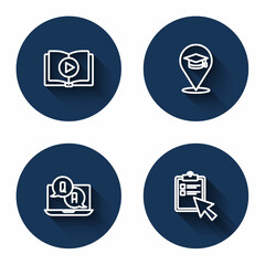 Set line Audio book, Online education, Question and Answer and quiz, test, survey with long shadow. Blue circle button. Vector