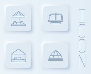 Set line Sandbox with sand, Attraction carousel, and Playground climbing equipment. White square button. Vector