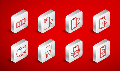 Set line Smartphone battery charge, Phone repair service, Glass screen protector, Waterproof, Battery, Charger and icon. Vector