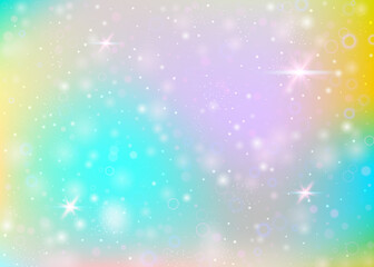 Magic background with rainbow mesh. Kawaii universe banner in princess colors. Fantasy gradient backdrop with hologram. Holographic magic background with fairy sparkles, stars and blurs.
