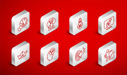 Set line Stair with finish flag, Man holding, Rocket ship, Target, Hand Earth globe, and Folded paper boat icon. Vector