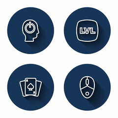 Set line Power button, Level game, Playing cards and Computer mouse with long shadow. Blue circle button. Vector