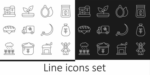 Set line Windmill, Bag of flour, Pumpkin seeds, Flour truck, Bread loaf, Farm house, Sickle and Sprout icon. Vector