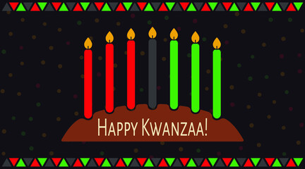 Vector illustration of Happy Kwanzaa holidays. Greeting card with kinara and confetti. Celebration of African heritage, unity, and culture
