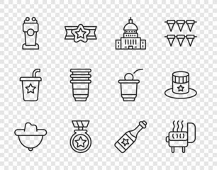 Set line Western cowboy hat, Barbecue grill, White House, Medal with star, Stage stand or tribune, Paper glass, Champagne bottle and Patriotic American top icon. Vector