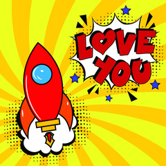 Love you. Comic book explosion with text -  Love you. Vector bright cartoon illustration in retro pop art style. Can be used for business, marketing and advertising.  Banner flyer pop art comic 