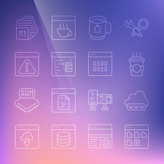 Set line Browser files, Web development, Coffee cup to go, Cup tea with tea bag, Software, exclamation mark, Processor and Binary code icon. Vector
