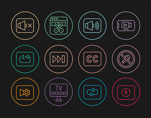 Set line Record button, Mute microphone, Speaker volume, Fast forward, Repeat track music player, mute, Subtitles and Video recorder editor icon. Vector
