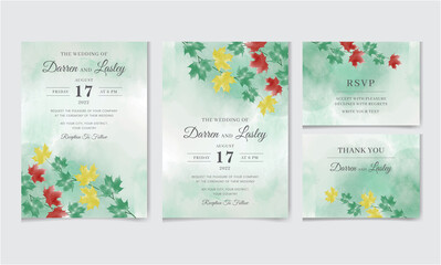 Beautiful watercolor floral autumn leaves wedding invitation card template.  Editable vector invitation card.