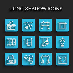 Set line Sport bag, Smart watch with heart, Gym building, Headphones, Heart rate, Towel hanger, Location gym and Gymnastic rings icon. Vector