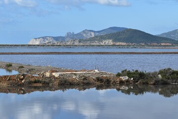 
Mediterranean Sea and mountains in Las Salinas, Ibiza