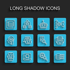 Set line Chat bot, Processor CPU, Server, Data, Binary code, Artificial intelligence robot and Photo retouching icon. Vector