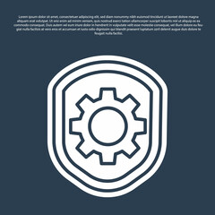 Blue line Shield with settings gear icon isolated on blue background. Adjusting, service, maintenance, repair, fixing. Vector Illustration