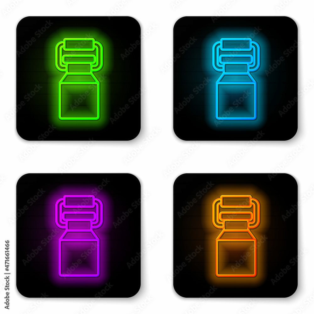 Poster glowing neon line can container for milk icon isolated on white background. black square button. vec