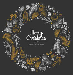 Festive wreath with fir tree, snowflakes, balls and stars. Can be used for Christmas design.