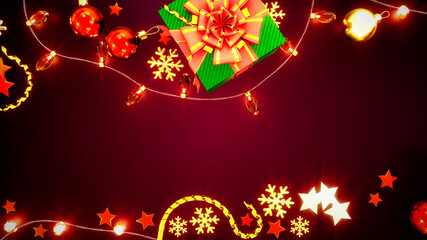red new year background with gift and garlands - abstract 3D rendering
