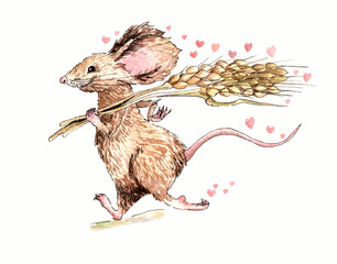 A loving mouse runs to a girlfriend with a bouquet of spikelets. Watercolor illustration for a postcard and congratulations lovers. Funny and cute characters, hand-drawn hearts.