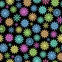 Seamless pattern for New Year. Winter background with multicolored snowflakes