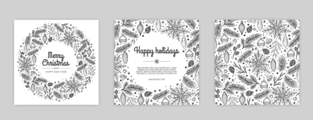 Merry Christmas and Happy New Year Set of backgrounds, greeting cards, posters, holiday covers.