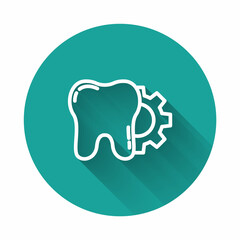 White line Tooth treatment procedure icon isolated with long shadow. Tooth repair with gear. Green circle button. Vector