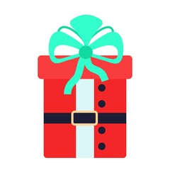 Gift box with santa outfit decor and bow.