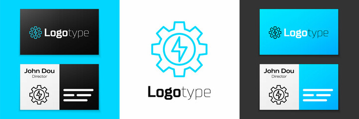 Blue line Gear and lightning icon isolated on white background. Electric power. Lightning bolt sign. Logo design template element. Vector