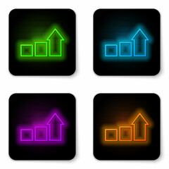 Glowing neon line Financial growth icon isolated on white background. Increasing revenue. Black square button. Vector