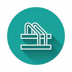 White line Bicycle parking icon isolated with long shadow. Green circle button. Vector