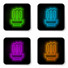 Glowing neon line Burning aromatic incense sticks icon isolated on white background. Black square button. Vector