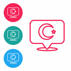 Red line Star and crescent - symbol of Islam icon isolated on white background. Religion symbol. Set icons in circle buttons. Vector