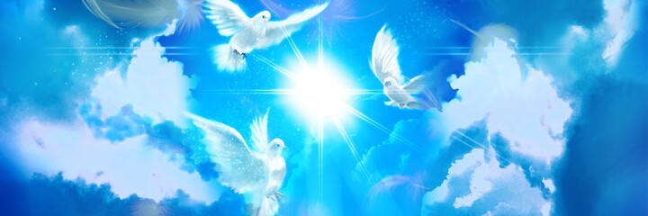 The flying three white doves around clouds leading to shining heaven and the background of beautiful pastel color’s sky and fluffy feathers