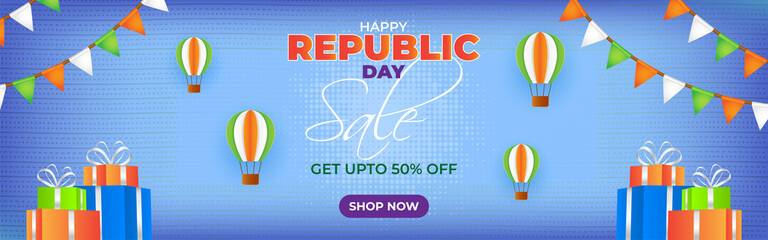 Vector Republic Day Sale banner, 26 January, upto 50% off, balloon , offer template for website and UI.